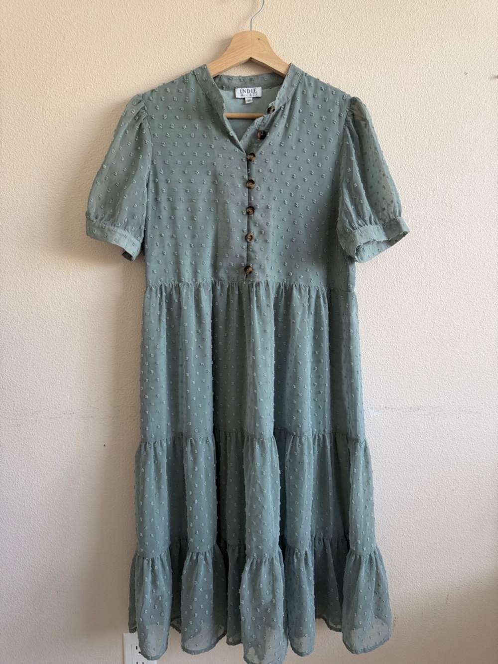 Indie by Mollie Tiered Swiss Dot Midi Dress in Sage